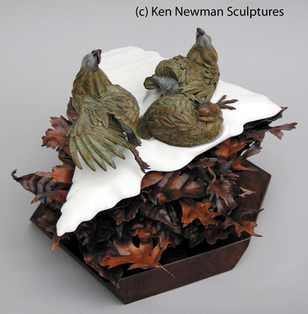 Sunseekers - Bobwhite
Bronze on Carved Marble, with hand forged copper leaves on walnut turntable
15x26x20 
$4500 #1/22 - Unique : Wildlife Bronze Sculptures : Ken Newman Sculptures | sculpture | bronze | wood | wildlifeart art | figurative sculpture | Idaho sculptor | animal art |