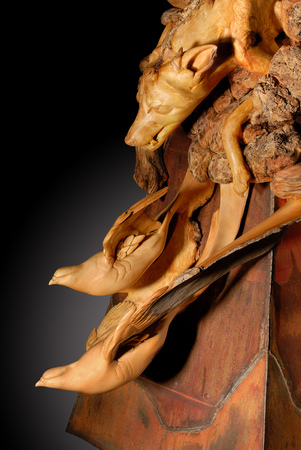 Precipitious Drop - Coyote and Chukars  : Wood Wildlife Sculptures : Ken Newman Sculptures | sculpture | bronze | wood | wildlifeart art | figurative sculpture | Idaho sculptor | animal art |