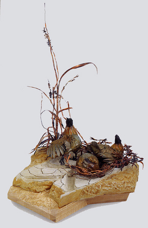 Sunseekers - Masked Bobwhite
Featured in Washington DC at Endangered Species Exhibition 
Bronze on Carved Sandstone, with Copper Grasses
30x21x21
 : Wildlife Bronze Sculptures : Ken Newman Sculptures | sculpture | bronze | wood | wildlifeart art | figurative sculpture | Idaho sculptor | animal art |