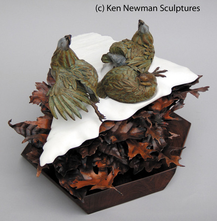 Sunseekers - Bobwhite
Bronze on Carved Marble, with hand forged copper leaves on walnut turntable
15x26x20 
Unique : Wildlife Bronze Sculptures : Ken Newman Sculptures | sculpture | bronze | wood | wildlifeart art | figurative sculpture | Idaho sculptor | animal art |