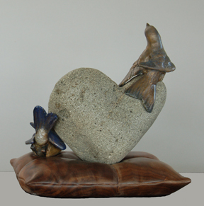 Pillow Talk - Bluebirds Bronze casting on Heart Rock and Walnut Pillow