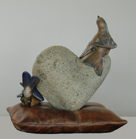 Pillow Talk - Bluebirds Bronze casting on Heart Rock and Walnut Pillow - © Ken Newman Sculptures 2026
