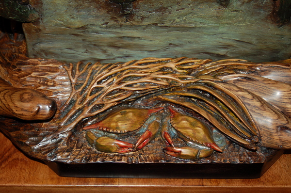 Partial wood carving on bronze Confluence of Blue sculpture 2014