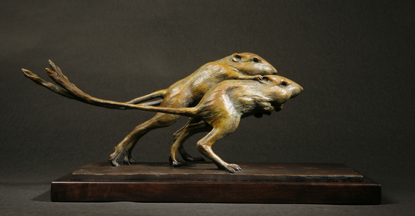 The Rat Race Edition #7/22
22x10x8 Bronze on Walnut
 : Wildlife Bronze Sculptures : Ken Newman Sculptures | sculpture | bronze | wood | wildlifeart art | figurative sculpture | Idaho sculptor | animal art |