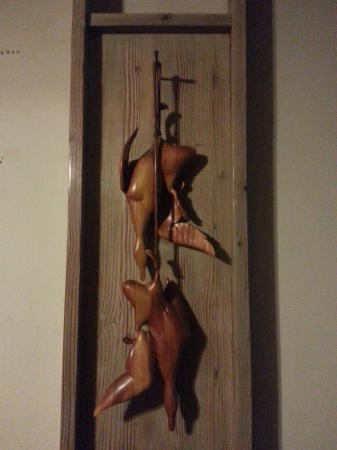 Hanging Mallards, wood sculpture-private collection