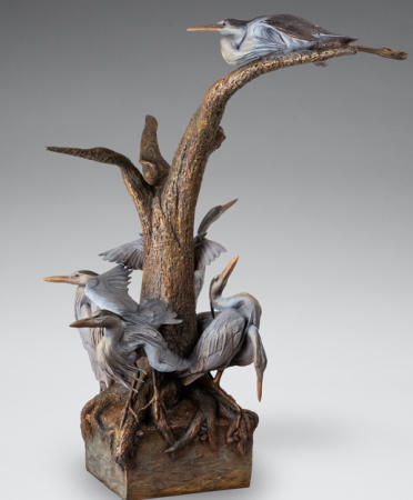 Confluence of Blue - 6 Great Blue Herons #3/11
Coming Together for the Greater Good
49x24x32 Walnut Base
#3/11
Call/ Email for Current Pricing and Availability 

 : Wildlife Bronze Sculptures : Ken Newman Sculptures | sculpture | bronze | wood | wildlifeart art | figurative sculpture | Idaho sculptor | animal art |