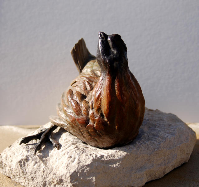 Sunseeker II Masked Bobwhite
 Bronze on Carved Sandstone
 : Wildlife Bronze Sculptures : Ken Newman Sculptures | sculpture | bronze | wood | wildlifeart art | figurative sculpture | Idaho sculptor | animal art |