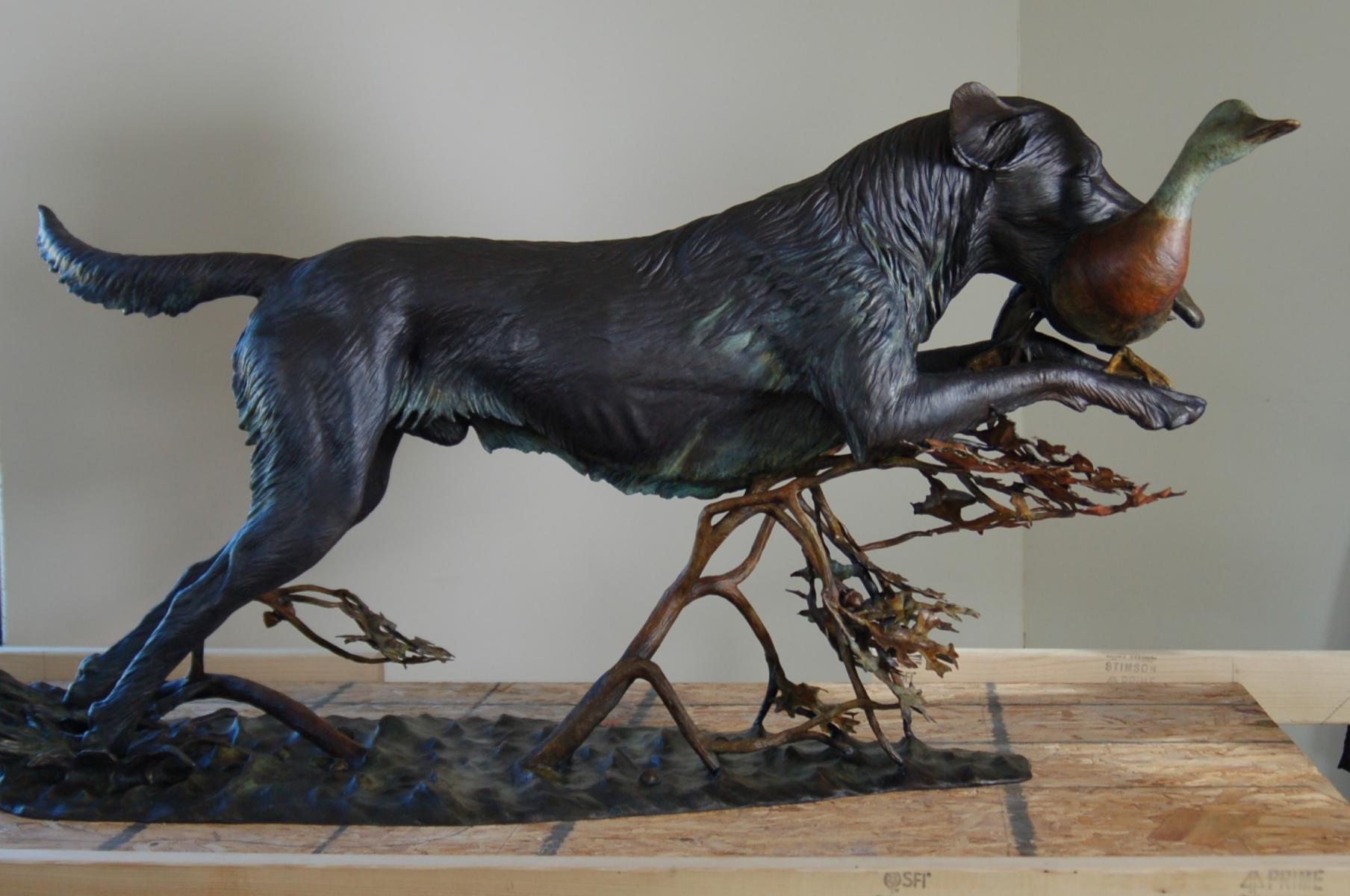 New Lab bronze edition with varied bases and leaves based on hunting locations. Edition of 5 : Dog Sculptures - Labradors : Ken Newman Sculptures | sculpture | bronze | wood | wildlifeart art | figurative sculpture | Idaho sculptor | animal art |