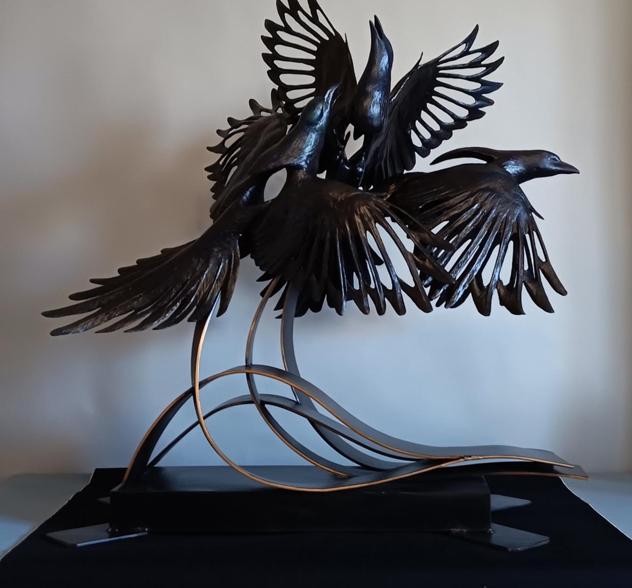Mischief and Plunder - Indoor/Outdoor  Currently on Display at Sioux Falls Sculpture Walk, South Dakota : Wildlife Bronze Sculptures : Ken Newman Sculptures | sculpture | bronze | wood | wildlifeart art | figurative sculpture | Idaho sculptor | animal art |